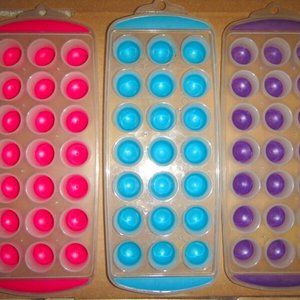 Set of 3 Flexible Silicone Bottom Pop Out Ice Cube Tray, Pink, Blue, Purple